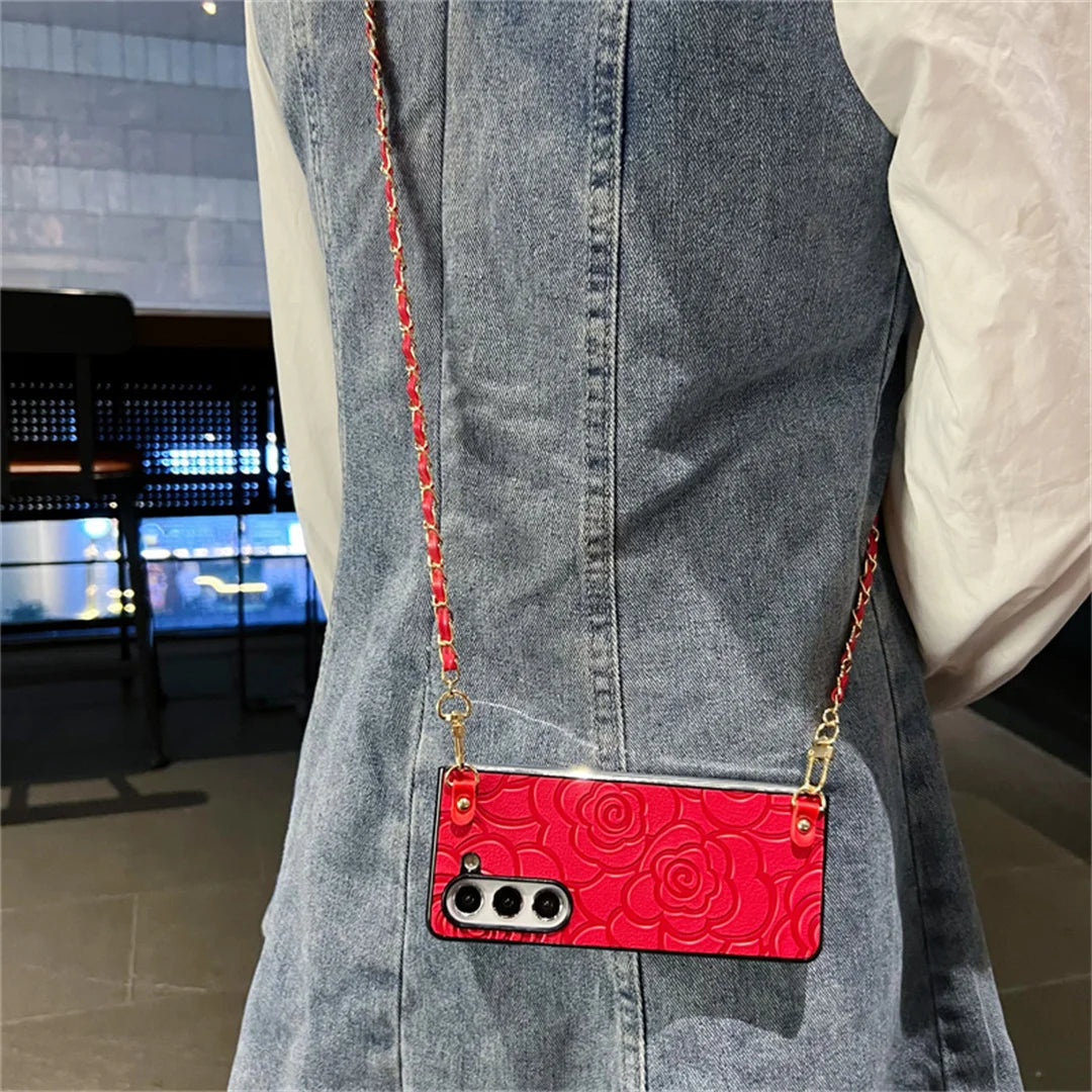 Korean Luxury Camellia Leather Crossbody Lanyard Phone Case for Samsung Galaxy Z Fold Series