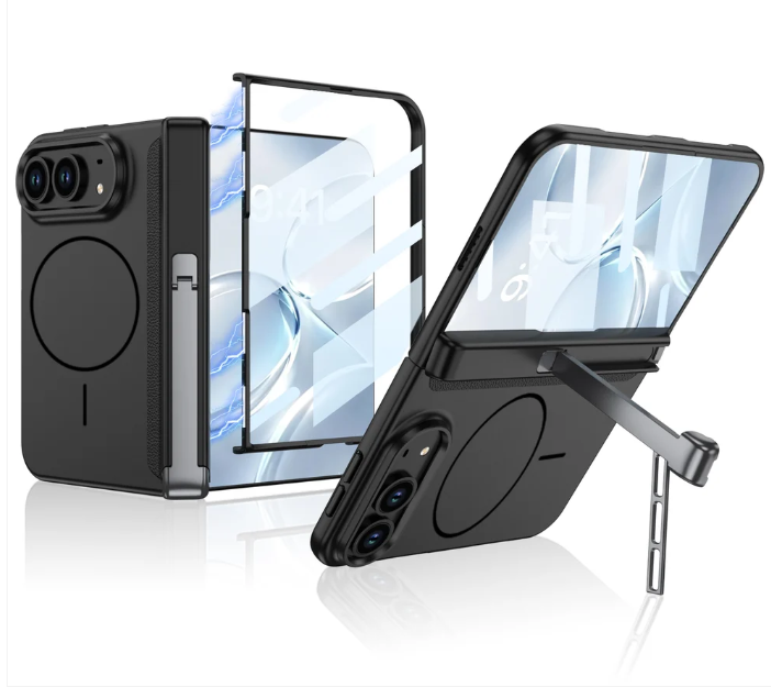 Magnetic Hinge Case | Glass Film, Tri-Fold Kickstand & MagSafe Ring | iPhone Duo