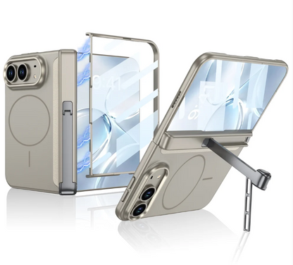Magnetic Hinge Case | Glass Film, Tri-Fold Kickstand & MagSafe Ring | iPhone Duo