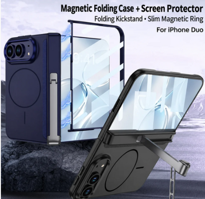 Magnetic Hinge Case | Glass Film, Tri-Fold Kickstand & MagSafe Ring | iPhone Duo