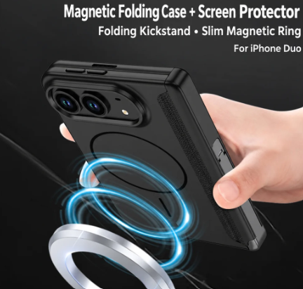 Magnetic Hinge Case | Glass Film, Tri-Fold Kickstand & MagSafe Ring | iPhone Duo