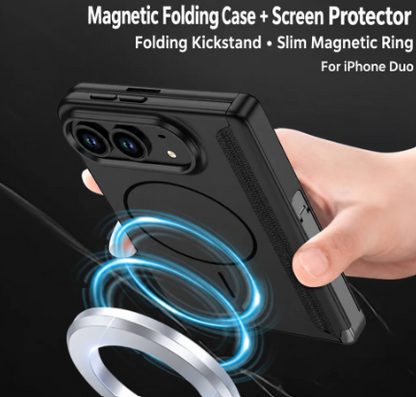Magnetic Hinge Case | Glass Film, Tri-Fold Kickstand & MagSafe Ring | iPhone Duo