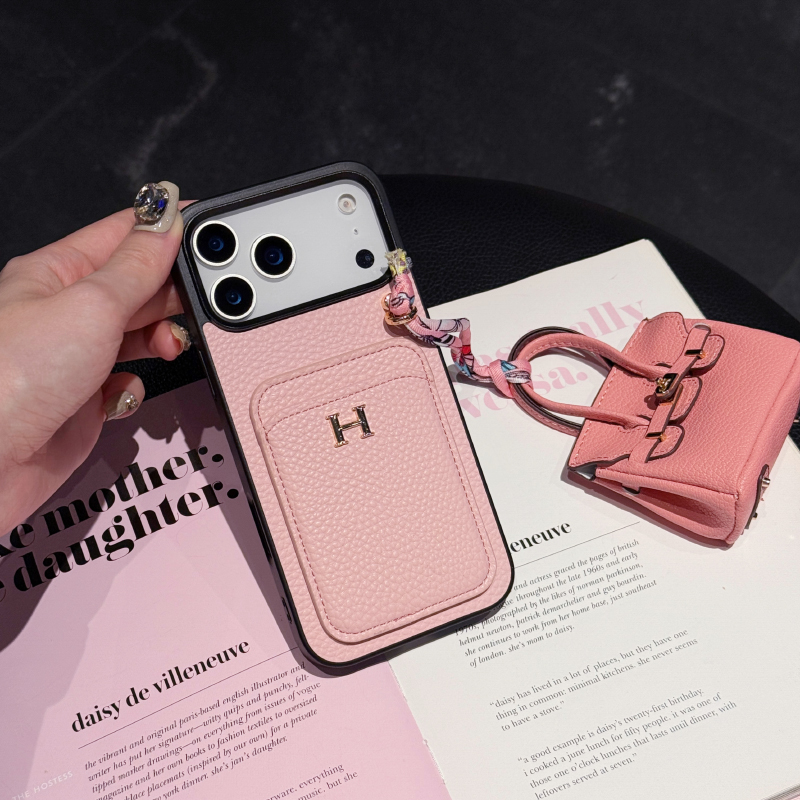 Luxury H Brand Leather Card Holder & Charm for iPhone & Galaxy Models