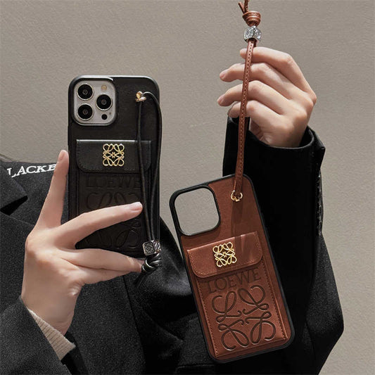 Luxury LOEWE Leather Wallet Case With Bracelet For iPhone 12-16 Pro