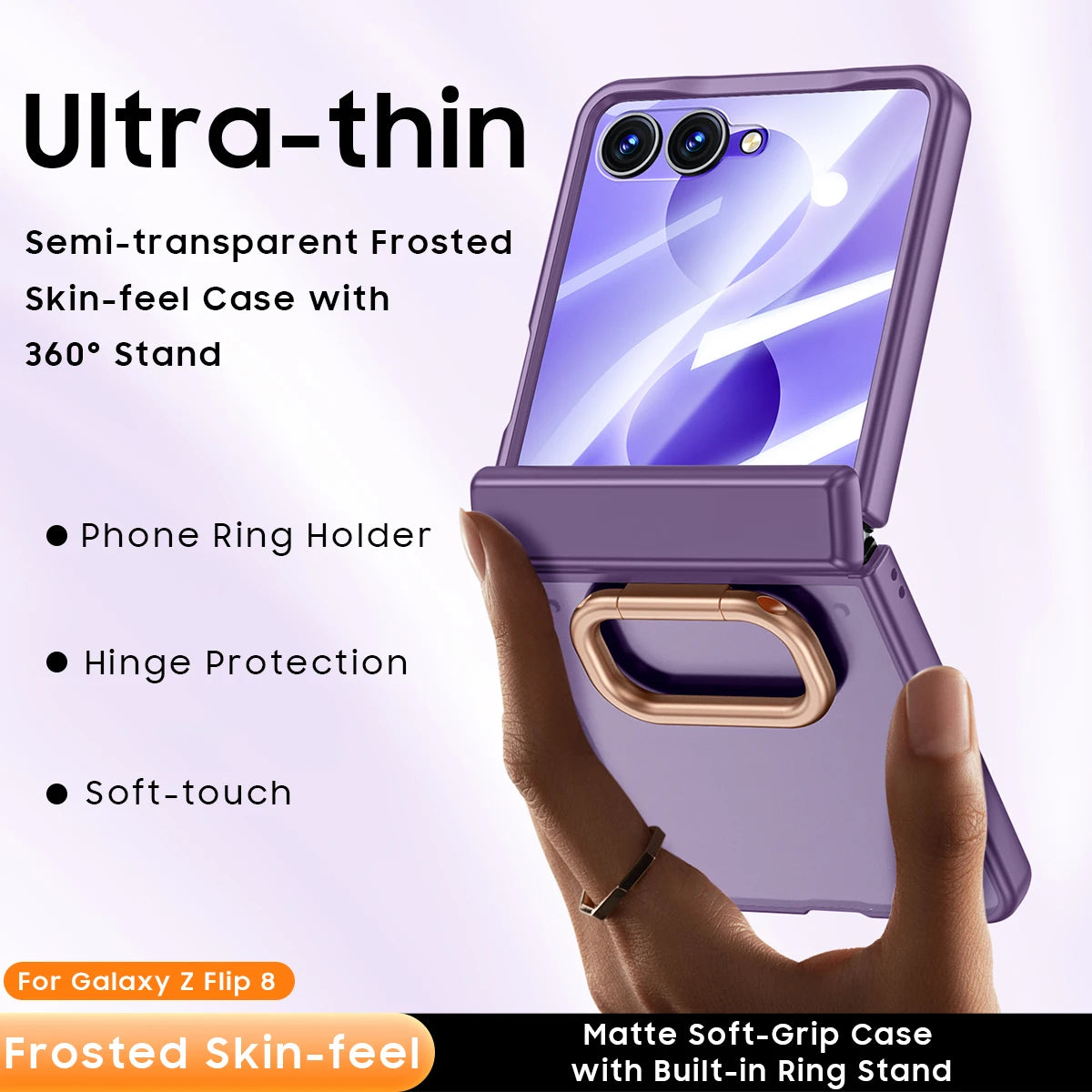 Matte Hard Case | Built-in Screen Protector, Gold Ring Stand & Full Hinge Protection | Samsung Galaxy Z Flip 7 & 8