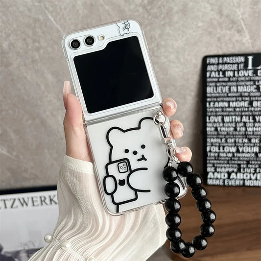 Cute Bear Transparent Pearl Bracelet Case for Samsung Galaxy Z Flip 5