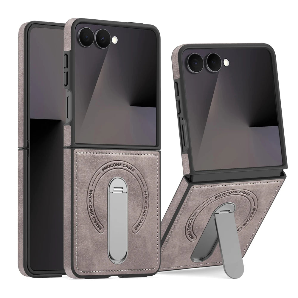 Premium Leather Kickstand Case — Wireless Charging, Hinge Protection & Built-in Metal Stand | Samsung Galaxy Z Flip 7