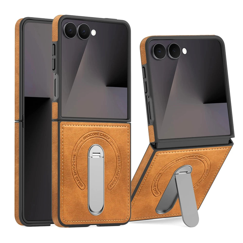 Premium Leather Kickstand Case — Wireless Charging, Hinge Protection & Built-in Metal Stand | Samsung Galaxy Z Flip 7