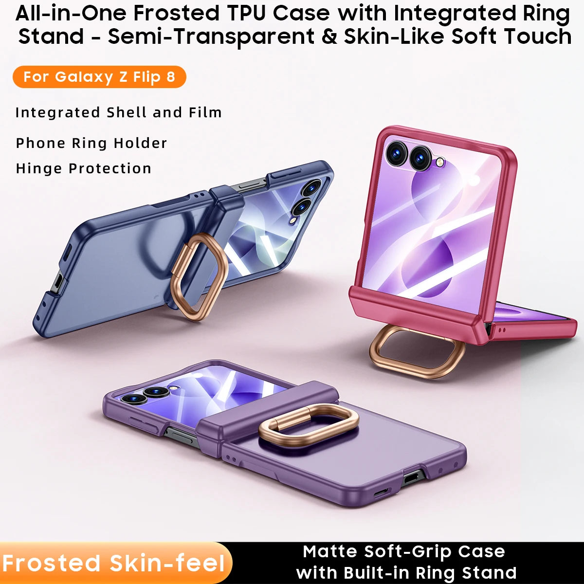 Matte Hard Case | Built-in Screen Protector, Gold Ring Stand & Full Hinge Protection | Samsung Galaxy Z Flip 7 & 8