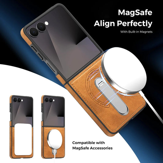 Premium Leather Kickstand Case — Wireless Charging, Hinge Protection & Built-in Metal Stand | Samsung Galaxy Z Flip 7