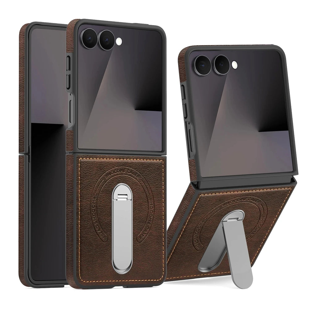 Premium Leather Kickstand Case — Wireless Charging, Hinge Protection & Built-in Metal Stand | Samsung Galaxy Z Flip 7