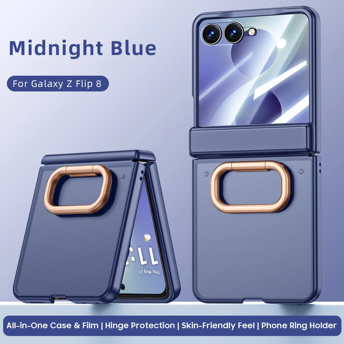 Matte Hard Case | Built-in Screen Protector, Gold Ring Stand & Full Hinge Protection | Samsung Galaxy Z Flip 7 & 8