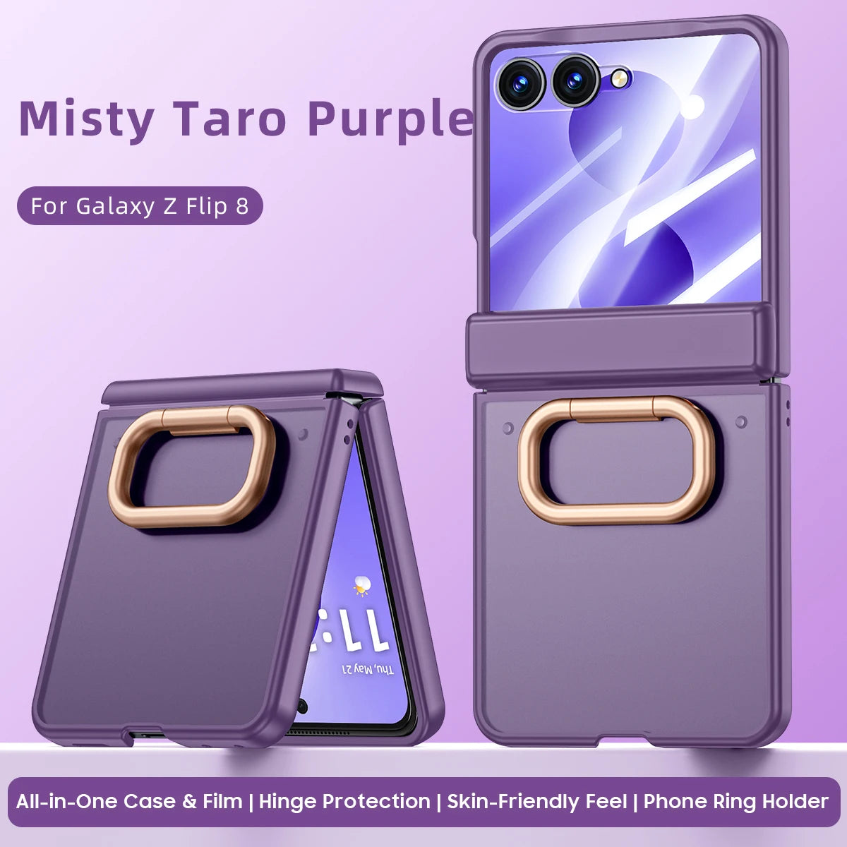 Matte Hard Case | Built-in Screen Protector, Gold Ring Stand & Full Hinge Protection | Samsung Galaxy Z Flip 7 & 8