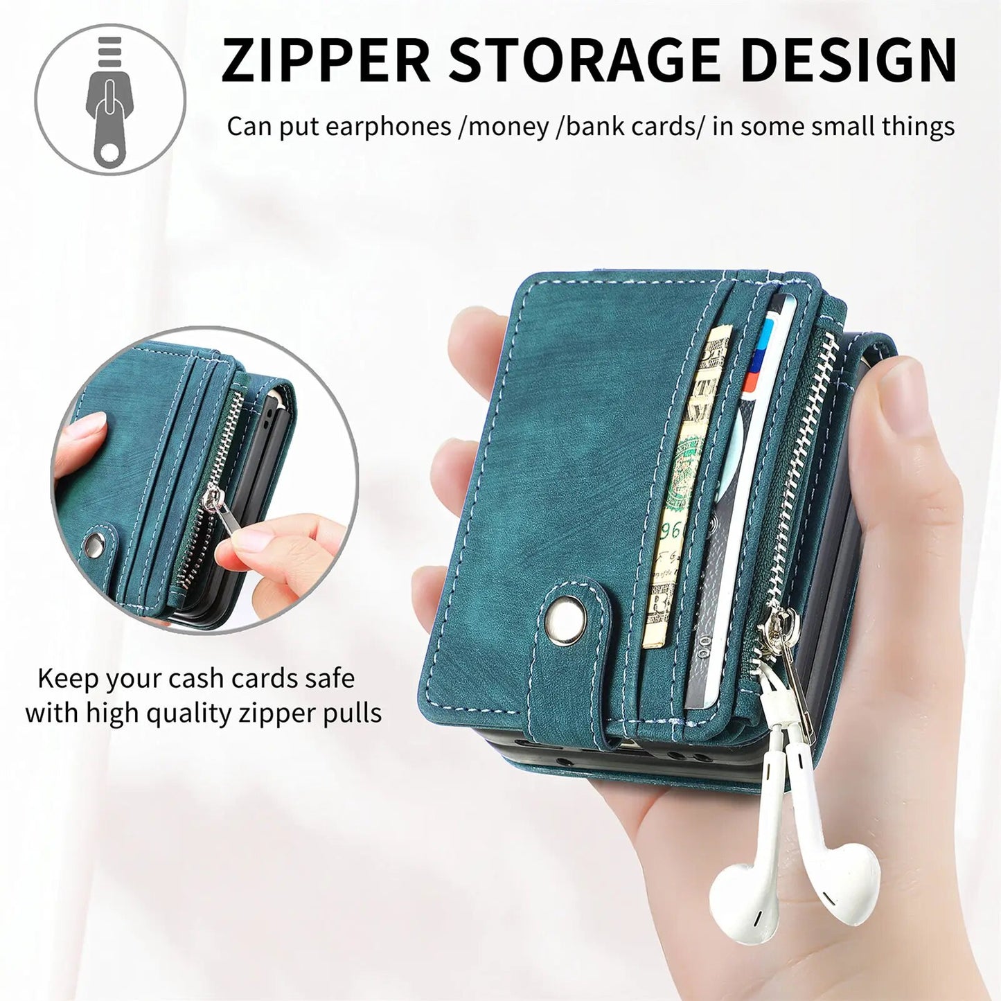 Detachable Leather 2 in 1 Zipper Wallet Folding Case for Samsung Flip4 &3