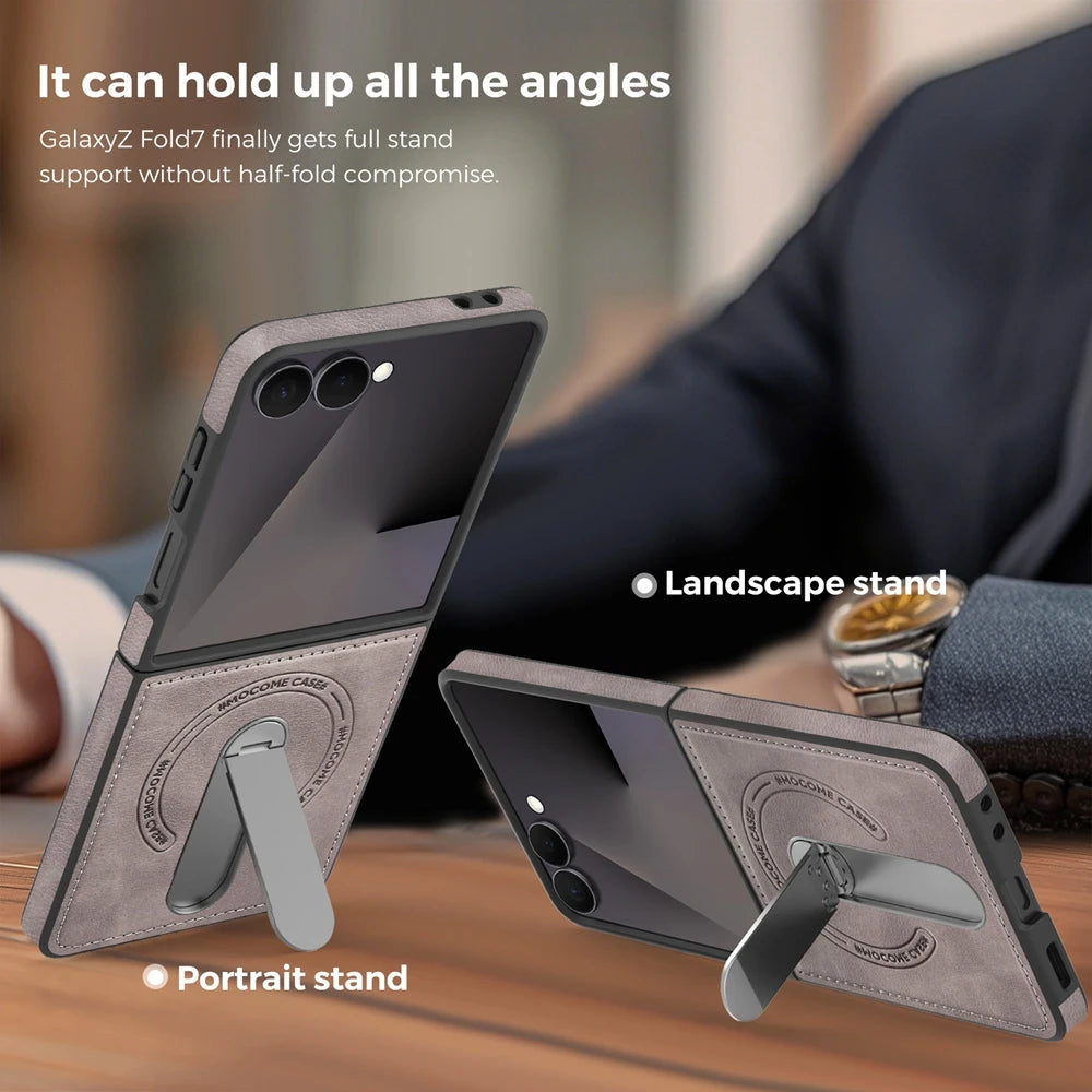 Premium Leather Kickstand Case — Wireless Charging, Hinge Protection & Built-in Metal Stand | Samsung Galaxy Z Flip 7