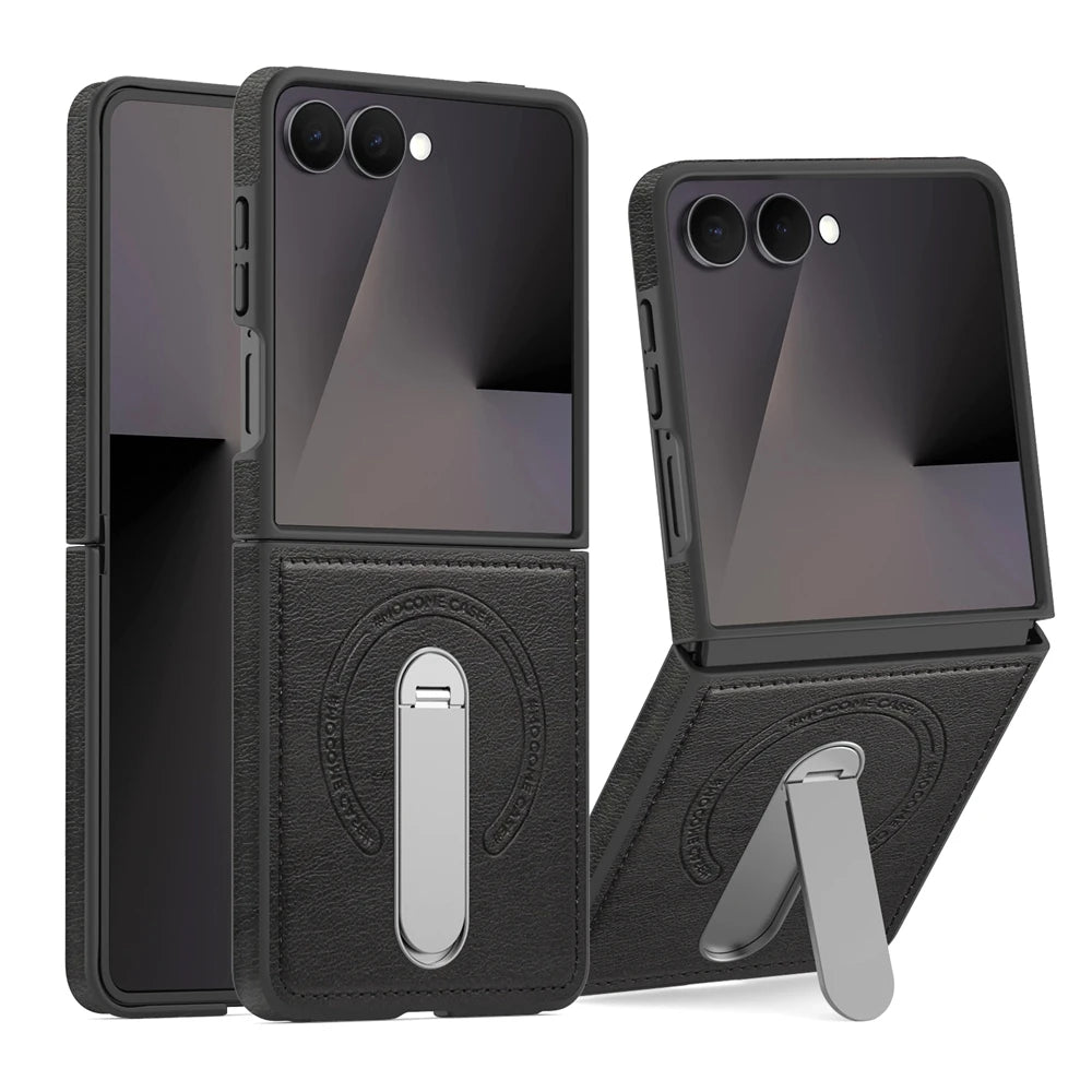 Premium Leather Kickstand Case — Wireless Charging, Hinge Protection & Built-in Metal Stand | Samsung Galaxy Z Flip 7