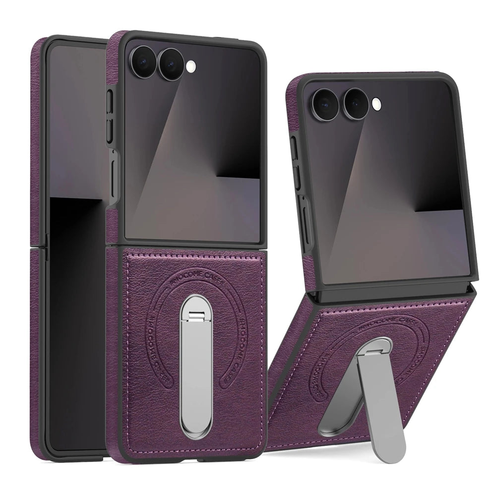 Premium Leather Kickstand Case — Wireless Charging, Hinge Protection & Built-in Metal Stand | Samsung Galaxy Z Flip 7