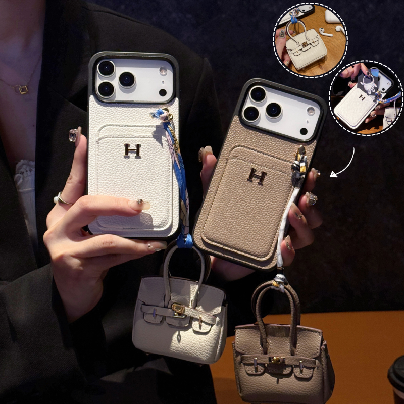 Luxury H Brand Leather Card Holder & Charm for iPhone & Galaxy Models