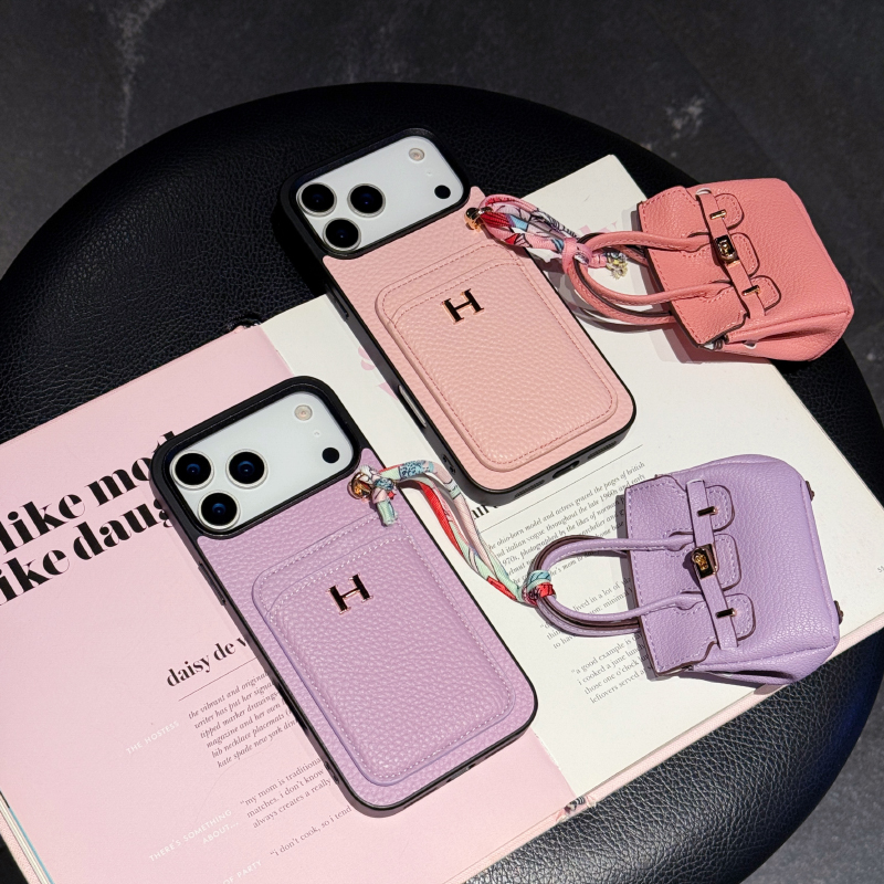Luxury H Brand Leather Card Holder & Charm for iPhone & Galaxy Models