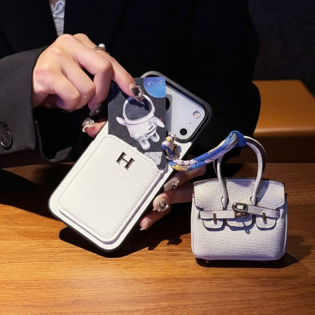 Luxury H Brand Leather Card Holder & Charm for iPhone & Galaxy Models