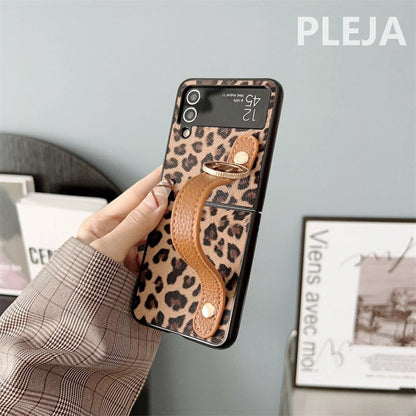 Luxury Leopard Print Wrist Strap Leather Case For Samsung Galaxy Z Flip 4 & 3