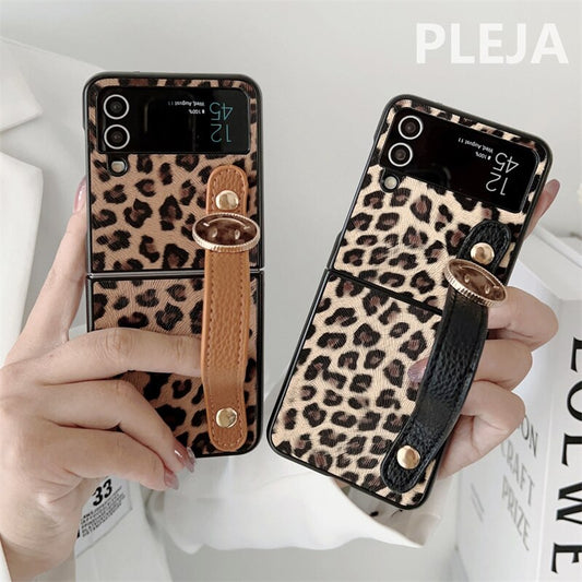 Luxury Leopard Print Wrist Strap Leather Case For Samsung Galaxy Z Flip 4 & 3