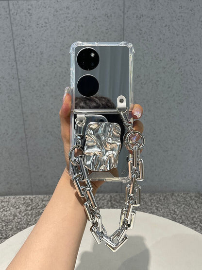 Luxury Makeup Mirror For Huawei P50 Pocket With Silver Wrinkle Holder And Bracelet Chain