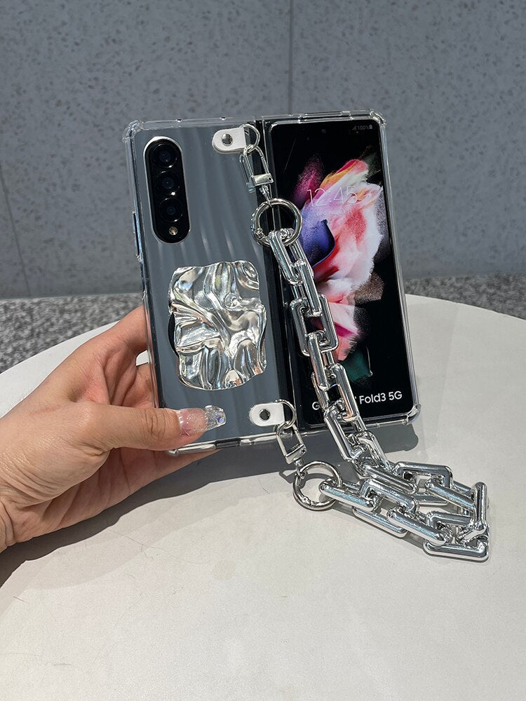 Luxury Mirror Shockproof Case And Bracelet Chain For Samsung Galaxy Z Fold 2 3 4 5G